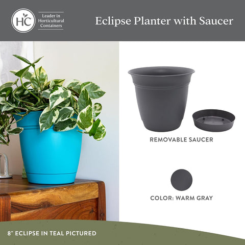 The HC Companies Eclipse Round Planter with Saucer - Outdoor & Indoor Plant Pot with Drainage Holes - Lightweight, UV-Resistant Plastic Pots for Plants, Flowers & Herbs (12" Warm Gray, Pack of 1)