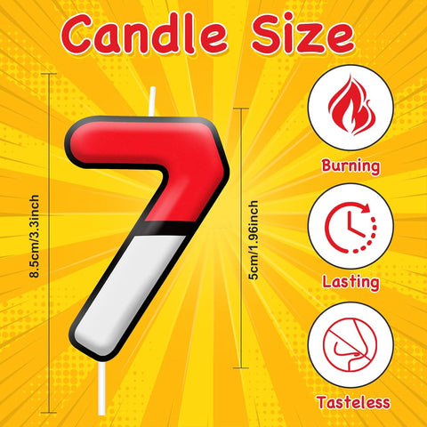 Number 7 Cartoon Candle Red and White Birthday Cake Candle Numeral for Animated Birthday Decoration Cartoon Party Supplies (Number 7)
