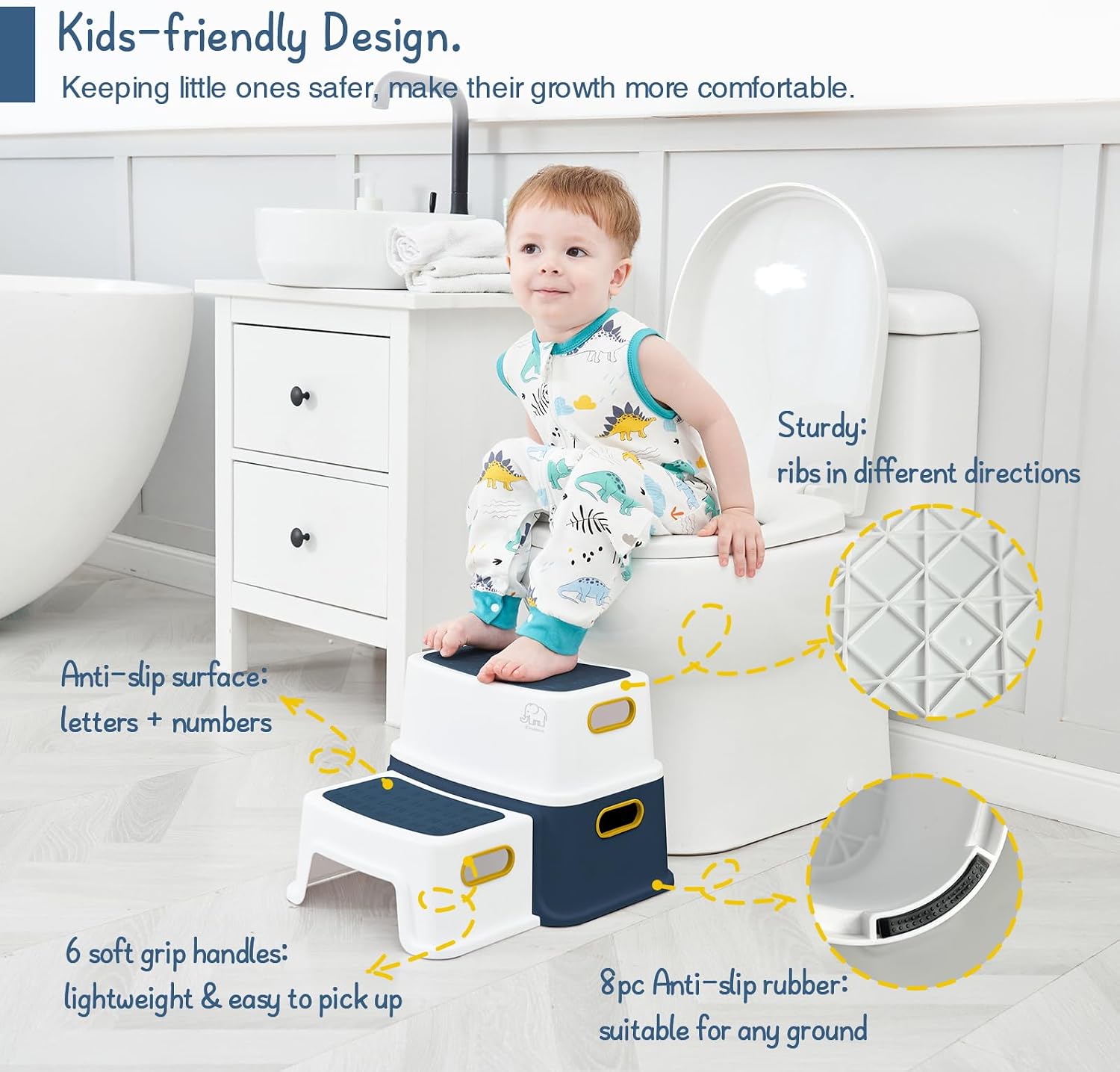 Blue&Yellow Toddler Boy Step Stool for Bathroom Sink, Toilet Stool for Kids
