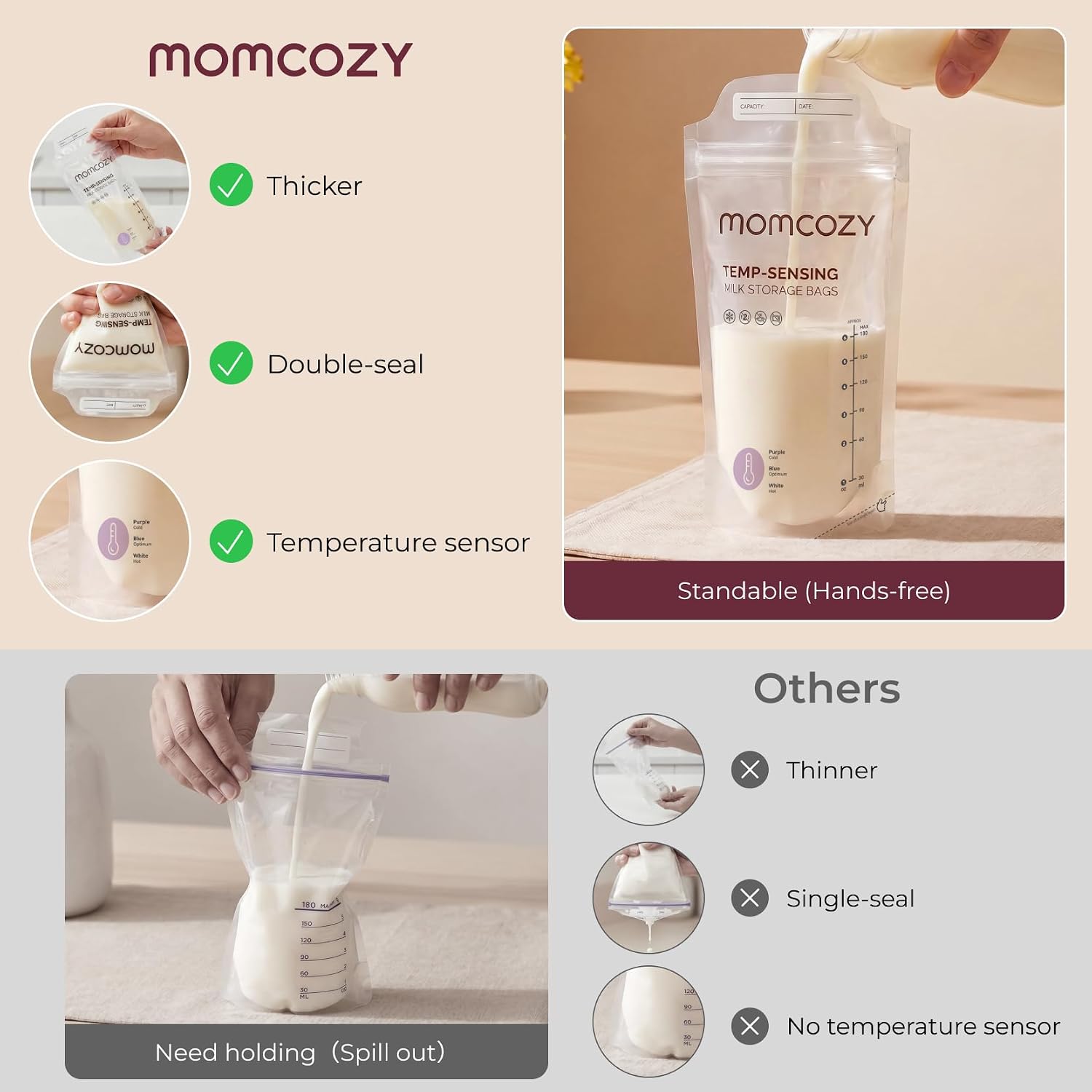 Momcozy Breastmilk Storing Bags, Temp-Sensing Breastfeeding, 6oz 120pcs