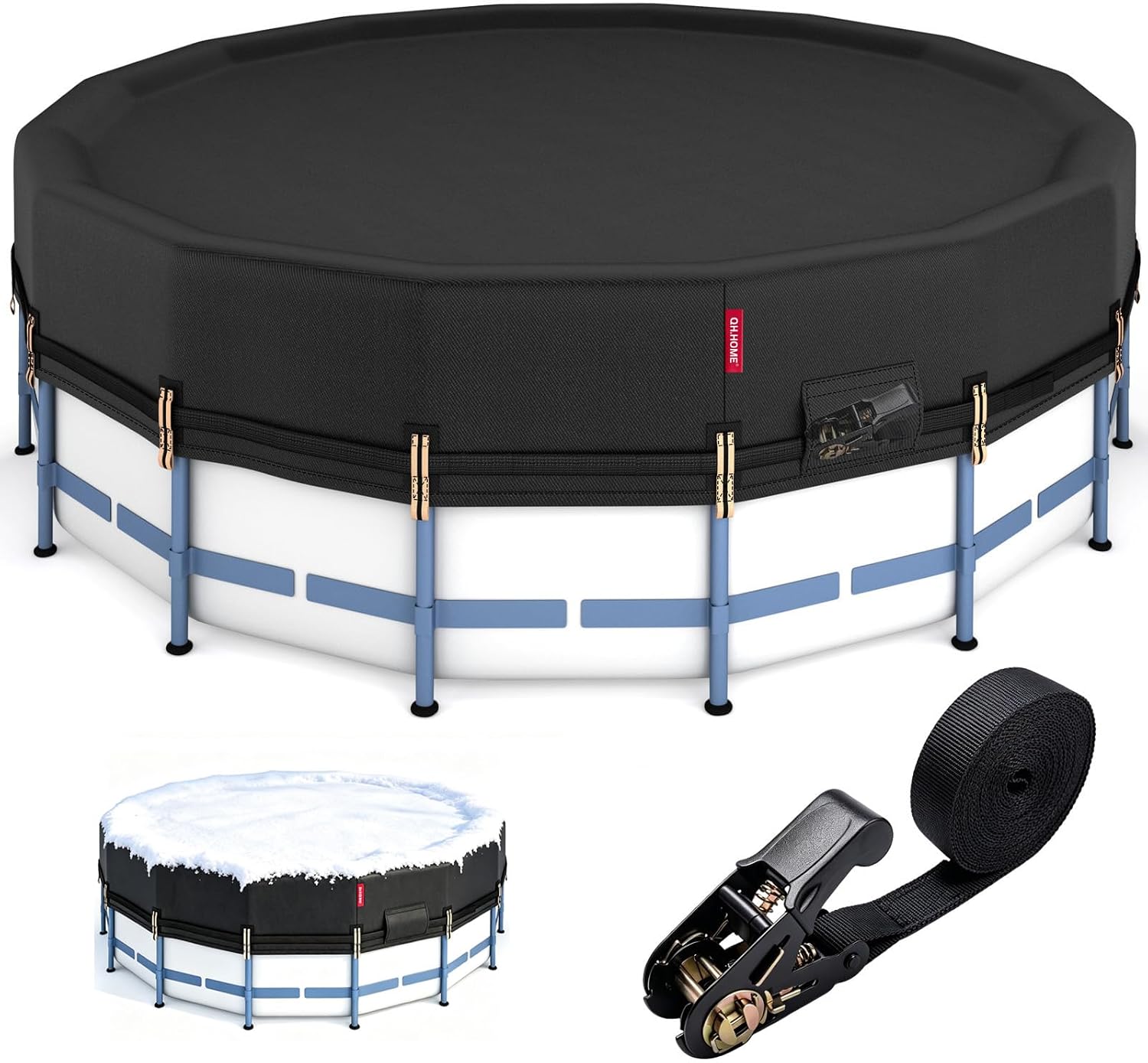 QH.HOME 18Ft Winter Pool Cover,Windproof Ratchet Straps&Thick Fabric