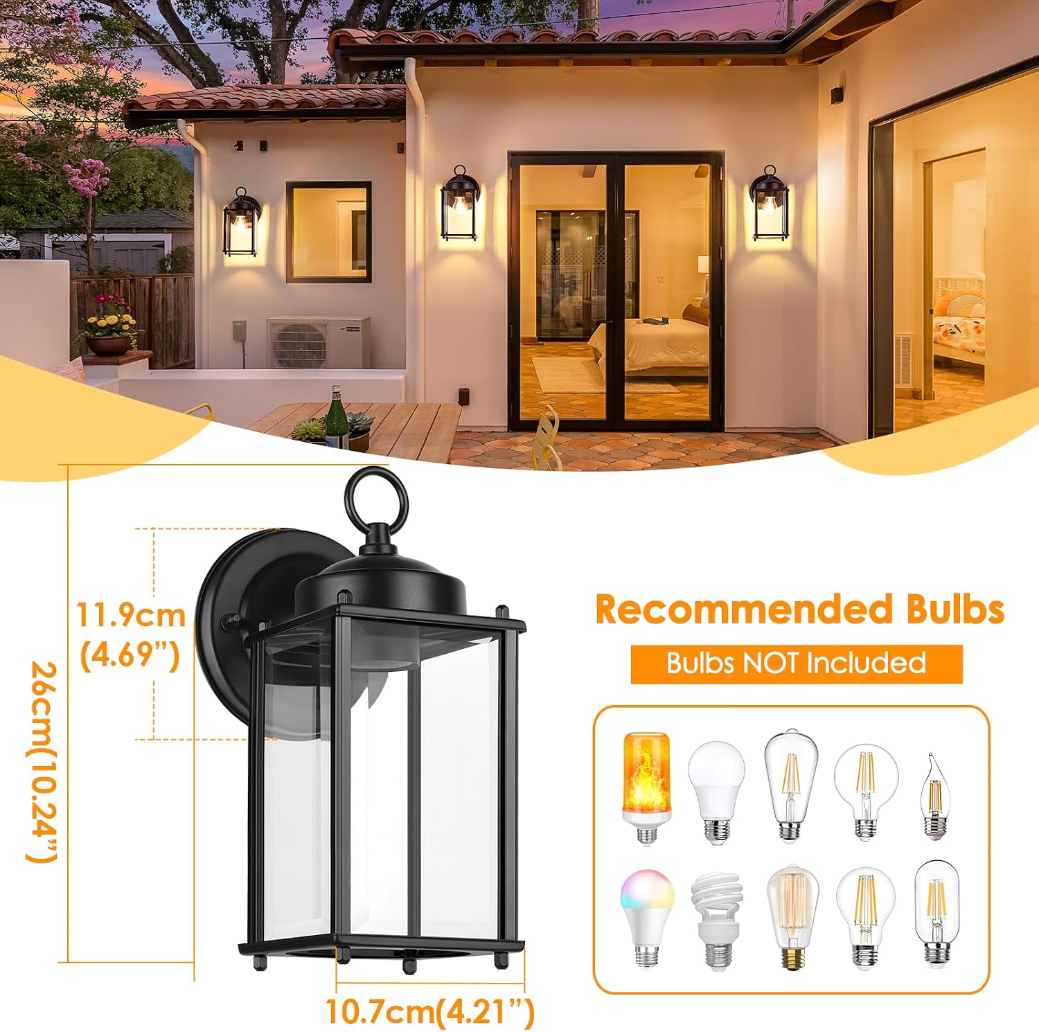 MATAMEYE Outdoor Wall Lantern, Exterior Waterproof Wall Sconce Light Fixtures, Black Front Door Lighting, Anti-Rust E26 Socket Porch Lamp, 2 Pack