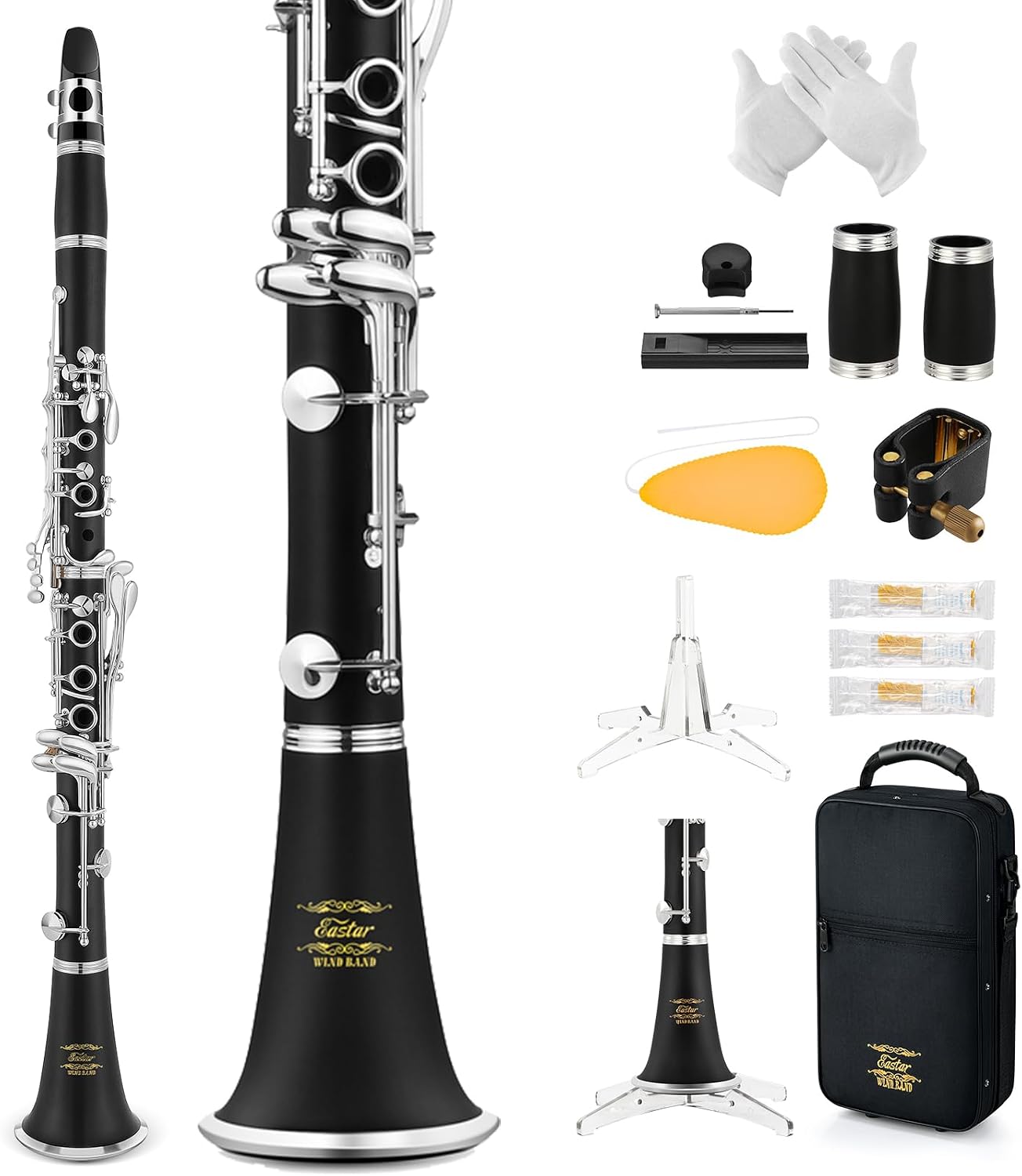 Eastar Upgraded Bb Ebonite Clarinet Intermediate, Silver, Full Kit, ECL-400