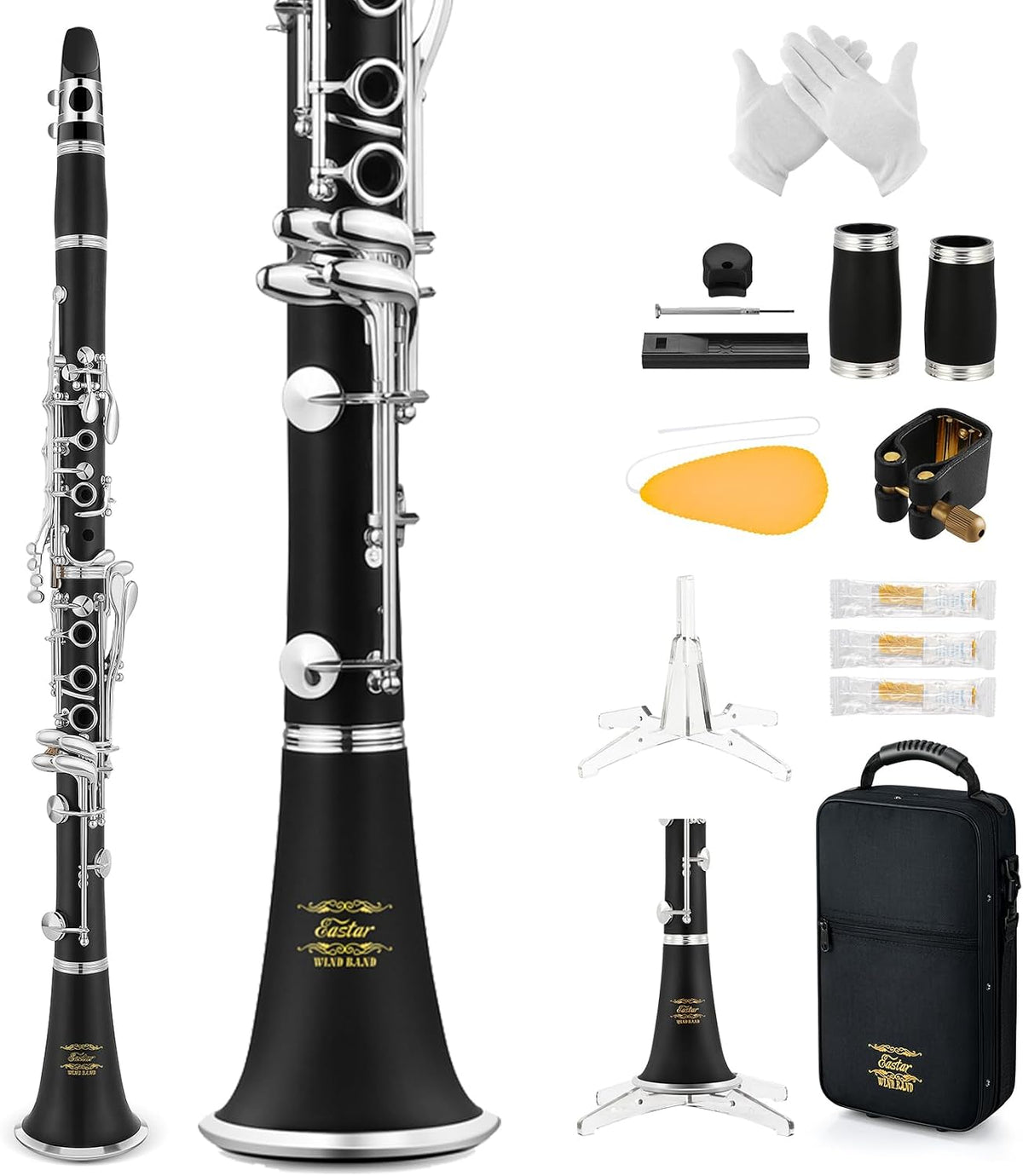 Eastar Upgraded Bb Ebonite Clarinet Intermediate, Silver, Full Kit, ECL-400