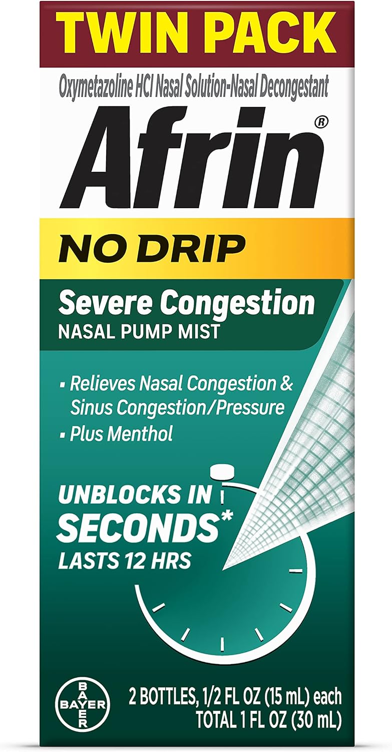 Afrin No Drip Severe Congestion Nasal Spray Twin Pack, Non-Drowsy, Fast-Acting Nasal Decongestant for Nasal Congestion and Sinus Pressure Relief, Adults and Children 6 and Older, .5 fl oz (Pack of 2)