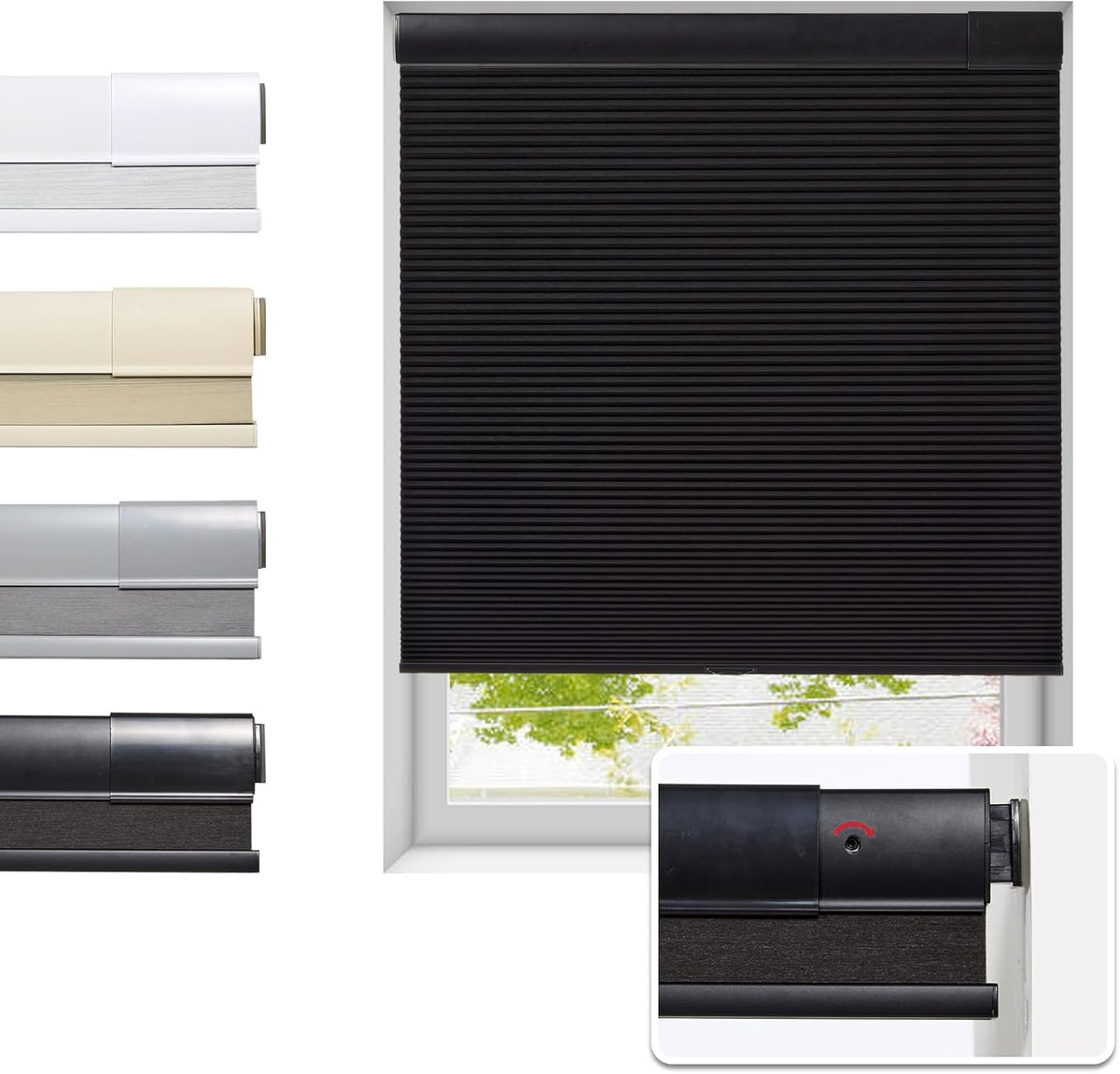 Tonature No Drill Cellular Shades for Indoor Windows, Thermal Insulating & Noise Reducing Honeycomb Blinds, Free Stop Cordless Blackout Shades, Black, 35 1/2" W x 64" H