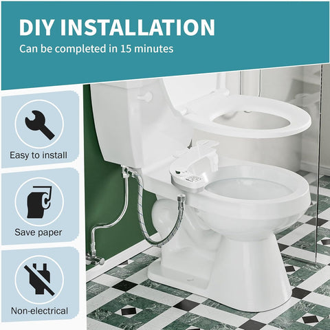 Bidet Attachment for Toilet, Dual Nozzle (Frontal and Rear Wash) Non-Electric Fresh Water Toilet Seat Attachment with Nozzle Self Cleaning, Adjustable Water Pressure(Chrome Silver)
