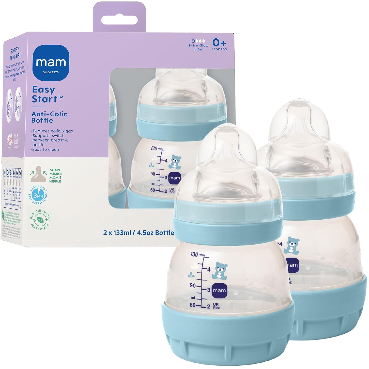 MAM 4.5oz Easy Start Anti-Colic+ Vented Baby Bottle, 0+ Months, 2 Pack, Boy