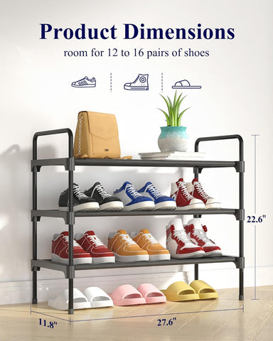 Kitsure Shoe Rack for Closet, Shoe Storage, 27.6" Wide - 3 Tiers, Black