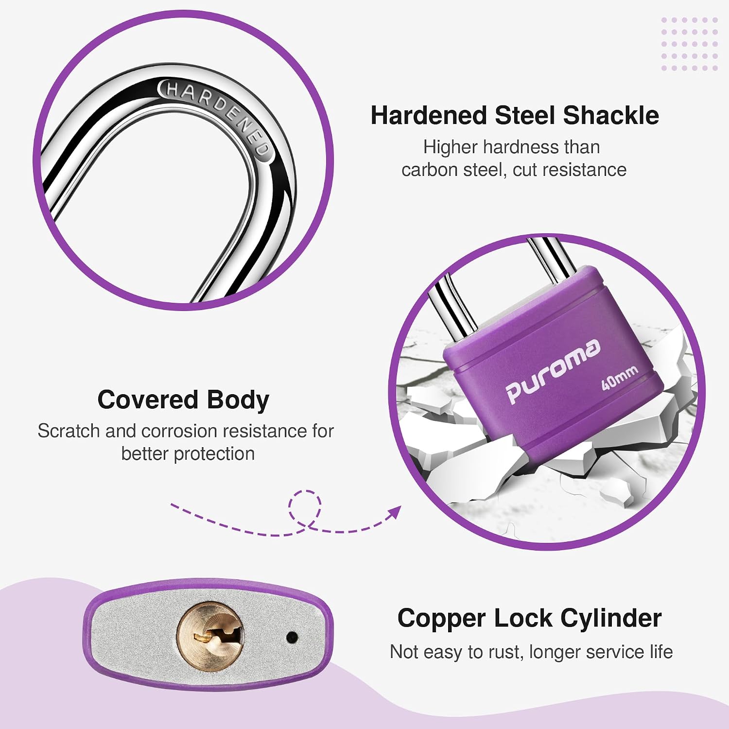 Puroma 2 Keyed Padlock with 3 Keys 7/8" School Locker Lock Gate 40mm Purple