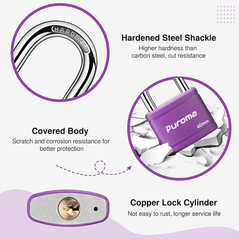 Puroma 2 Keyed Padlock with 3 Keys 7/8" School Locker Lock Gate 40mm Purple
