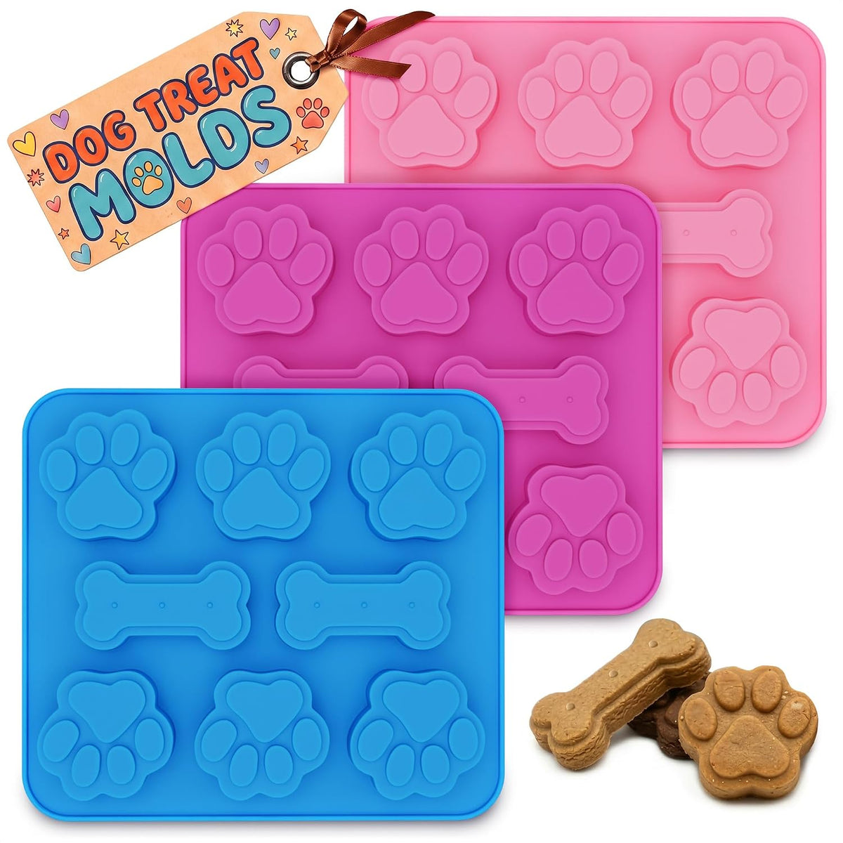 3 Pcs Dog Treat Molds Silicone, Bone & Paw Shapes, Non-Stick