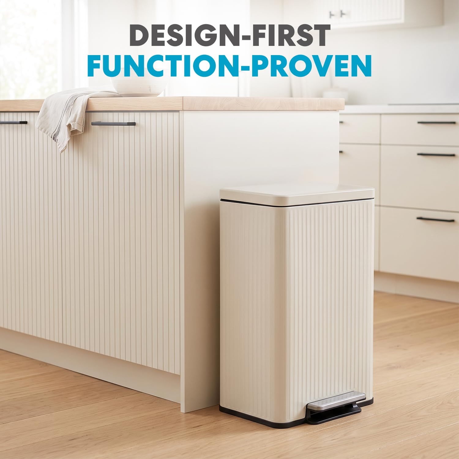 SIMPLI-MAGIC Fluted Kitchen Trash Can, 13 Gallon (50L), Soft-Close Lid, Hands-Free Foot Pedal, Removable Inner Bucket, Cream