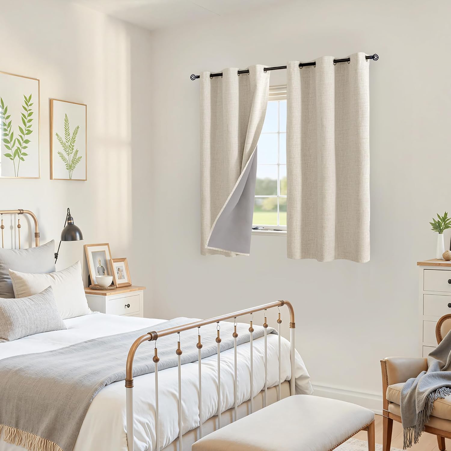 YoungsTex Linen Blackout Curtains 48 Inch Length for Bedroom, Short Thermal Insulated Drapes Room Darkening with Grommet Privacy for Living Room Window, Warm Beige, 2 Panels, 42 X 48 Inch