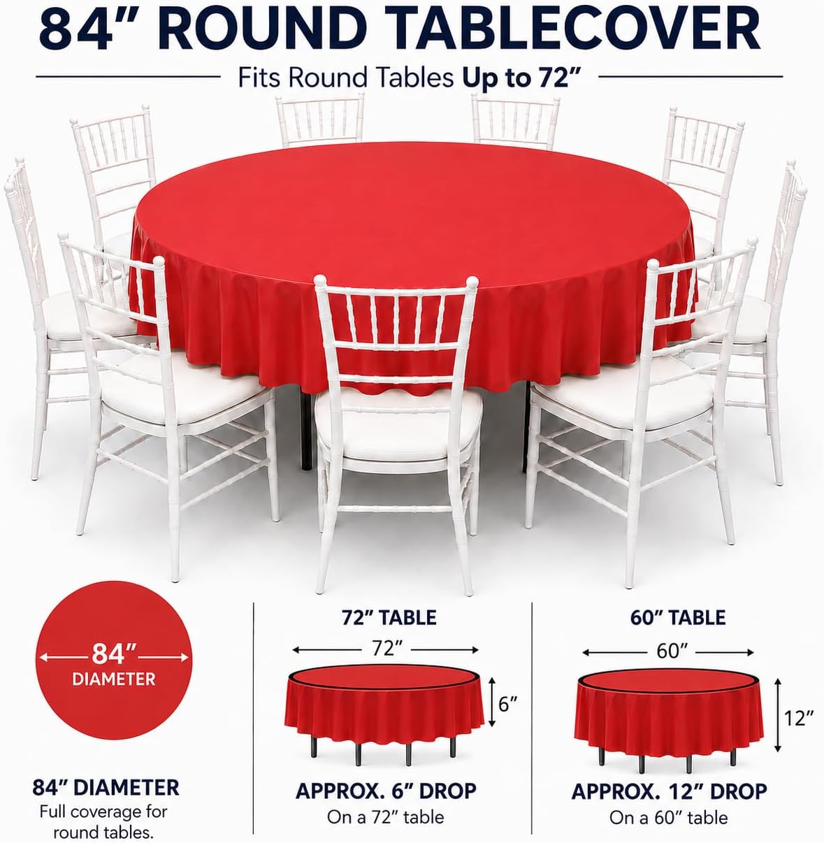Party Dimensions Red Disposable Plastic Tablecloth, Round, 84", 12 Pack