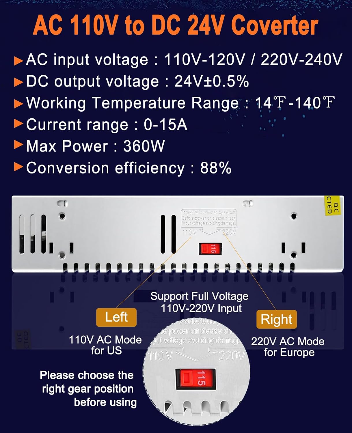 EAGWELL 110V to 24V Converter 24V Power Supply 360W 15A