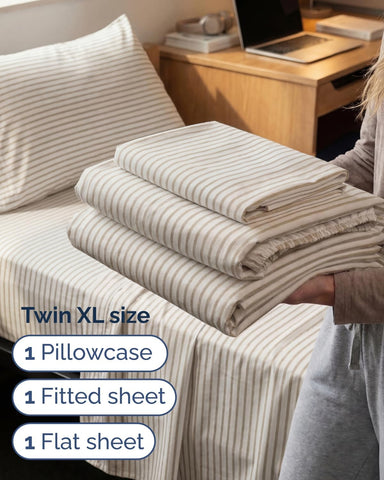 Twin XL 3 Piece Sheet Set - College Dorm Room Essentials - Beige Stripes