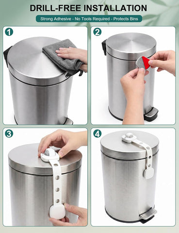 LynxLink White Trash Can Lock Strap 2 Pack - Dual Button Child Proof Garbage Can Lid Lock for Kitchen & Bathroom - Strong Adhesive Dog Proof Trash Can