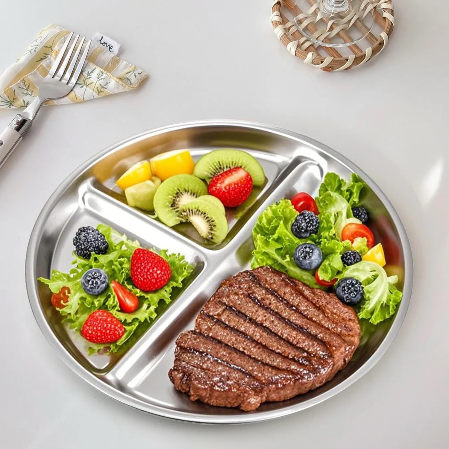 4pcs 304 Stainless Steel Kids Plates，9"Non-Toxic Circular Portion Control Plate，Suitable For Children To Use,Portion Plates For Weight Loss Adults，Reusable, Non-Toxic, Anti Drop, And Dishwasher Safe