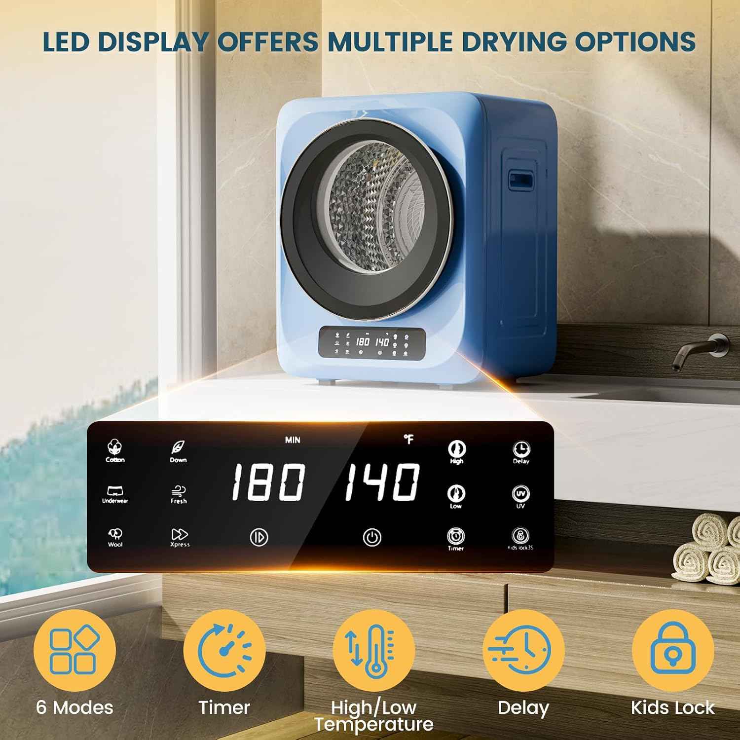 Zynkez 12Lbs Portable Clothes Dryer, 850W Compact Laundry Dryer with Boot Dryer, 6 Drying Modes, Electric Dryer with LED Control for Apartments, Home, Dorms, RVs, Blue