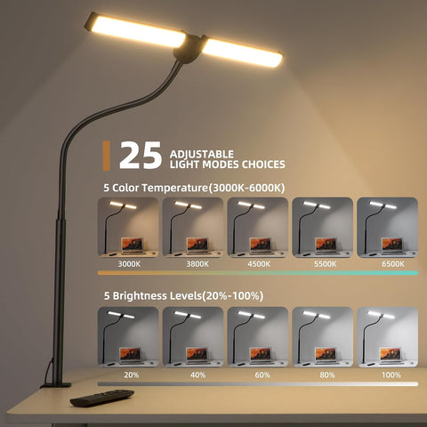 Motumen Led Desk Lamp for Home Office, Eye-Care Desk Light Clamp, Black