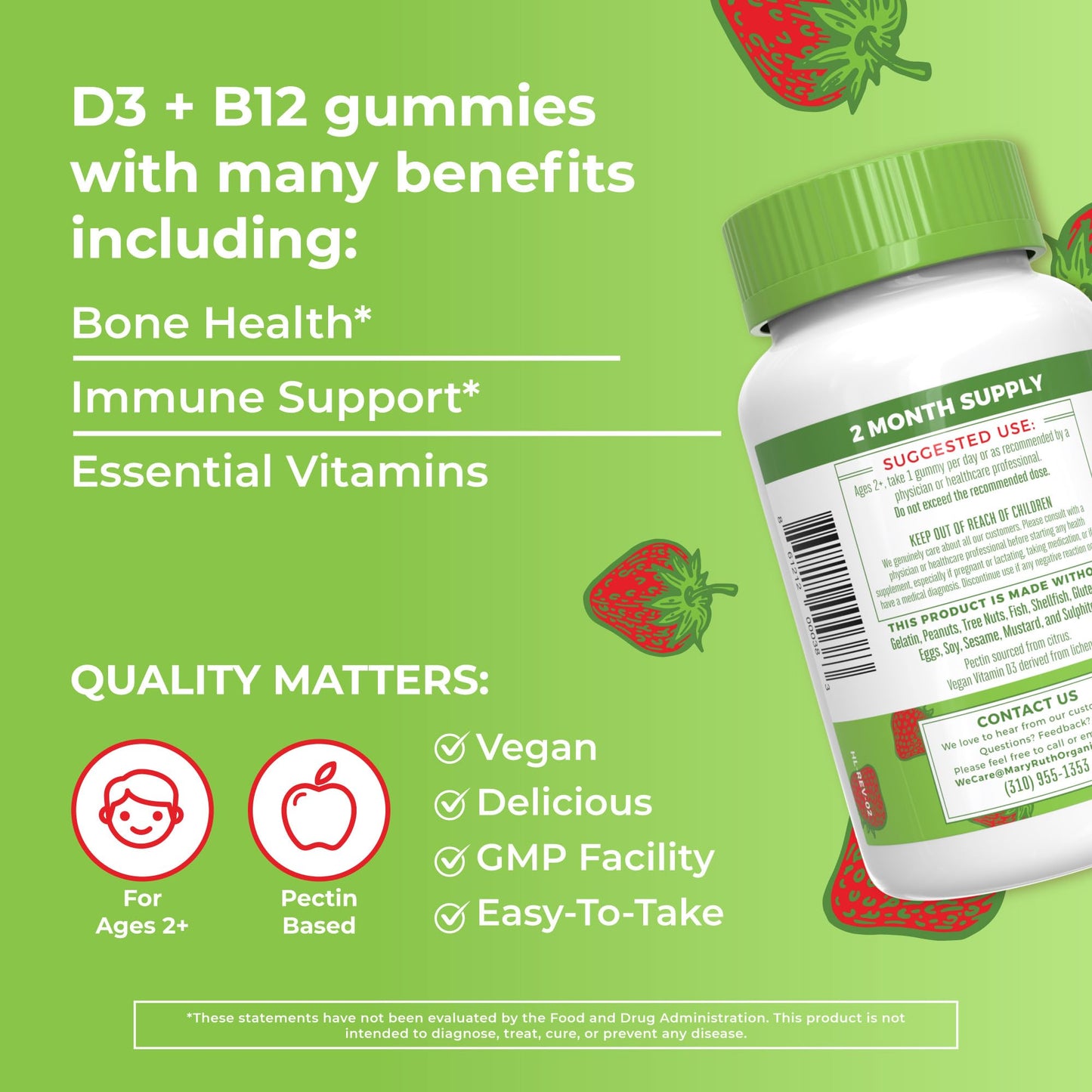 MaryRuth Organics Vegan Vitamin D3 + Vitamin B12 Gummies | 2 Month Supply | Supports Bone Health | Immune Support Supplement | Energy Supplements | Methyl B12 Vegan Non-GMO Gluten Free | 60 Servings