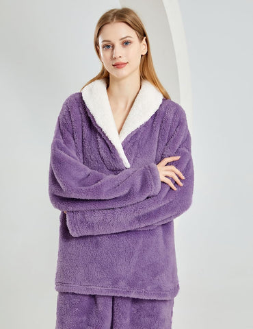 Women's Fluffy Loungewear Sleepwear Lounge Casual Pajamas Sets Loose Long Sleeve Fleece Pullover and Pants Set
