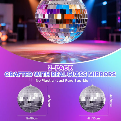 Youdepot Disco Ball 4 Inch 2-Pack, Silver Mirror Balls with Hanging Strings