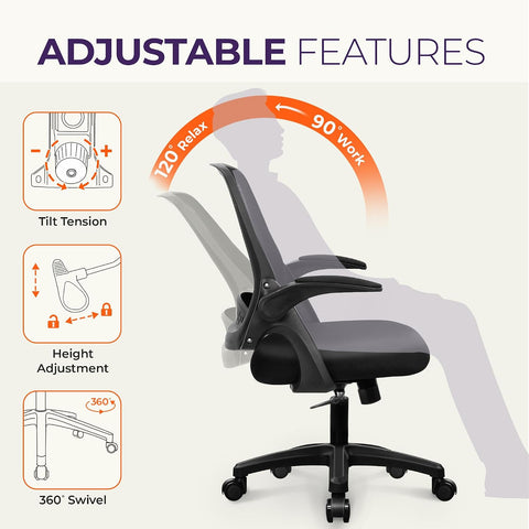 NEO CHAIR Office Desk Chair, Ergonomic Mesh with Flip-Up Arms, All Black