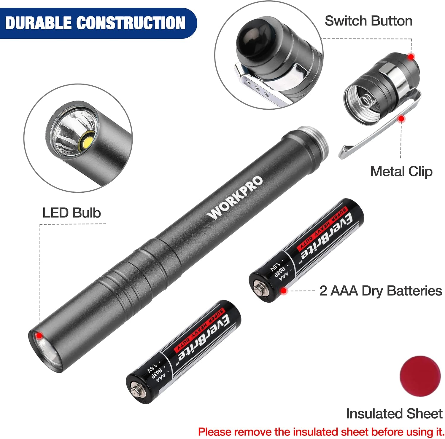 WORKPRO LED Pen Light, Aluminum Pen Flashlight, Pocket Flashlight with Clip