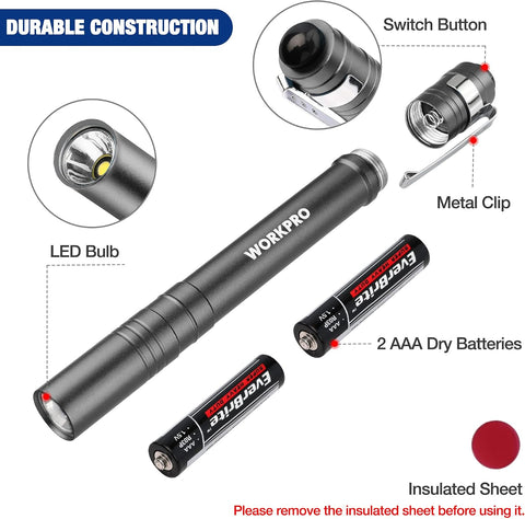 WORKPRO LED Pen Light, Aluminum Pen Flashlight, Pocket Flashlight with Clip