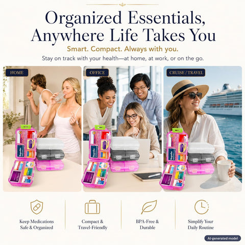 3 Pack Large Pill Organizers with Medicine Labels, Pink White Grey