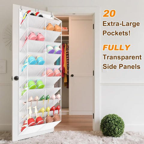 UVIAHOMI 20-30 Pairs Over the Door Shoe Organizer, Clear Pockets Hanging Shoe Storage for Closet, 10-Tier Door Shoes Rack, Handing Shoes Holder Fit All the Family's Sneakers, Boots, Heels, White