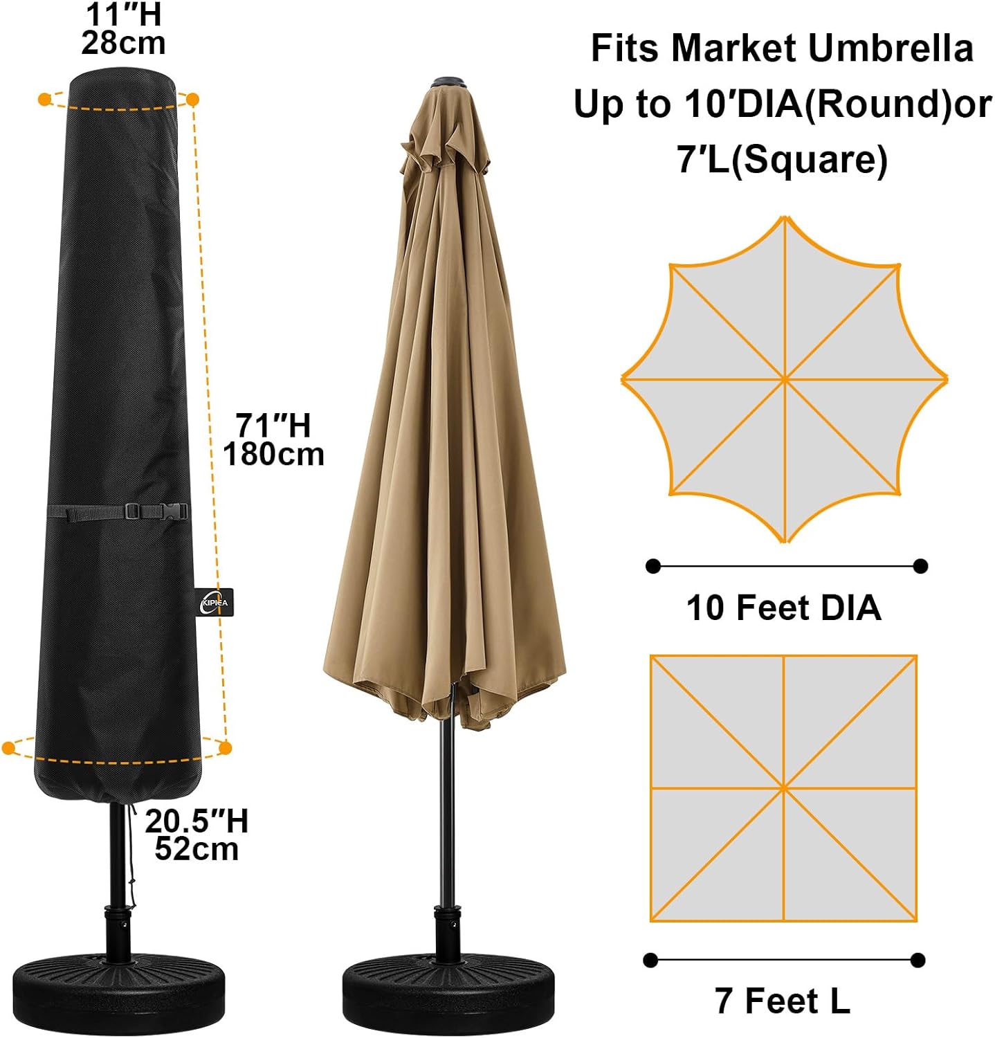 Kipiea Patio Umbrella Covers for 7-10' Market Umbrella, Upgraded 600D Heavy Duty Outdoor Umbrella Covers with Support Pole and Zipper