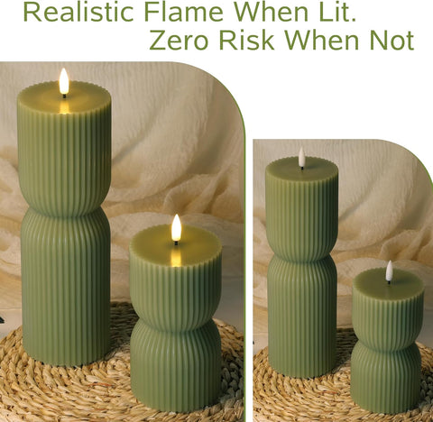 Olive Green Ribbed Flameless Pillar Candles with Remote Set of 2