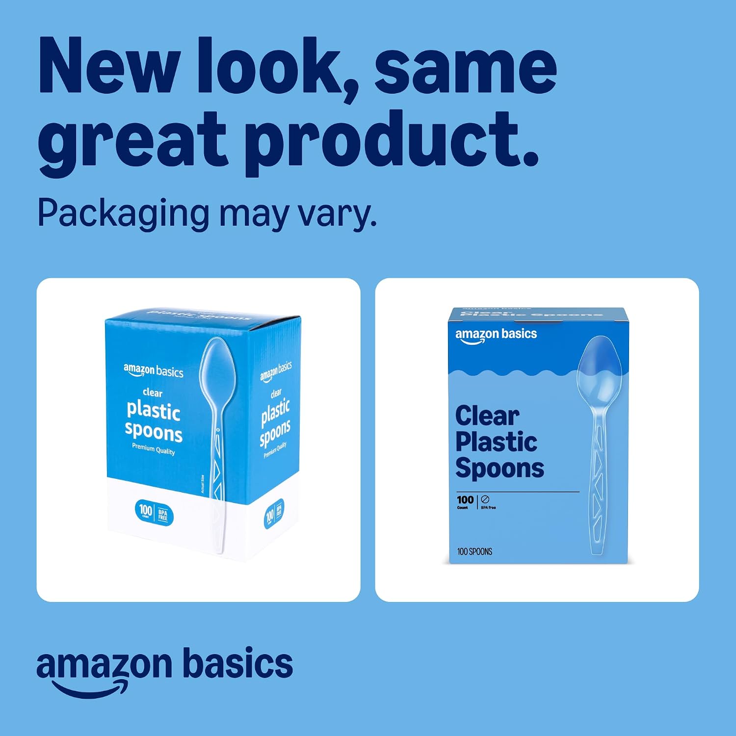Amazon Basics Disposable Clear Plastic Spoons, Premium Quality, 100 Count, Large Pack, Packaging May Vary