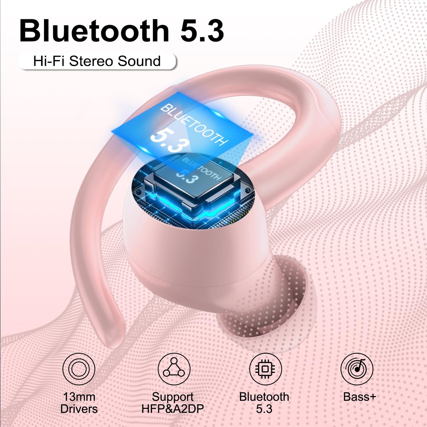 Csasan Headphones Wireless Earbuds Sport, Bluetooth 5.3 Over Ear Buds Stereo Deep Bass Headset with Earhooks, 48H Wireless Earphones with HD Mic, IP7 Waterproof Earbud for Sports/Running/Workout Pink