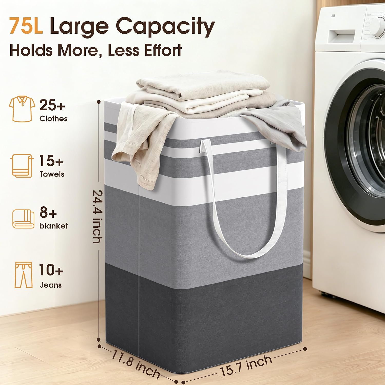 HomeHacks 2 Pack Large Laundry Baskets, Laundry Hampers Bags (Grey 75Lx2)
