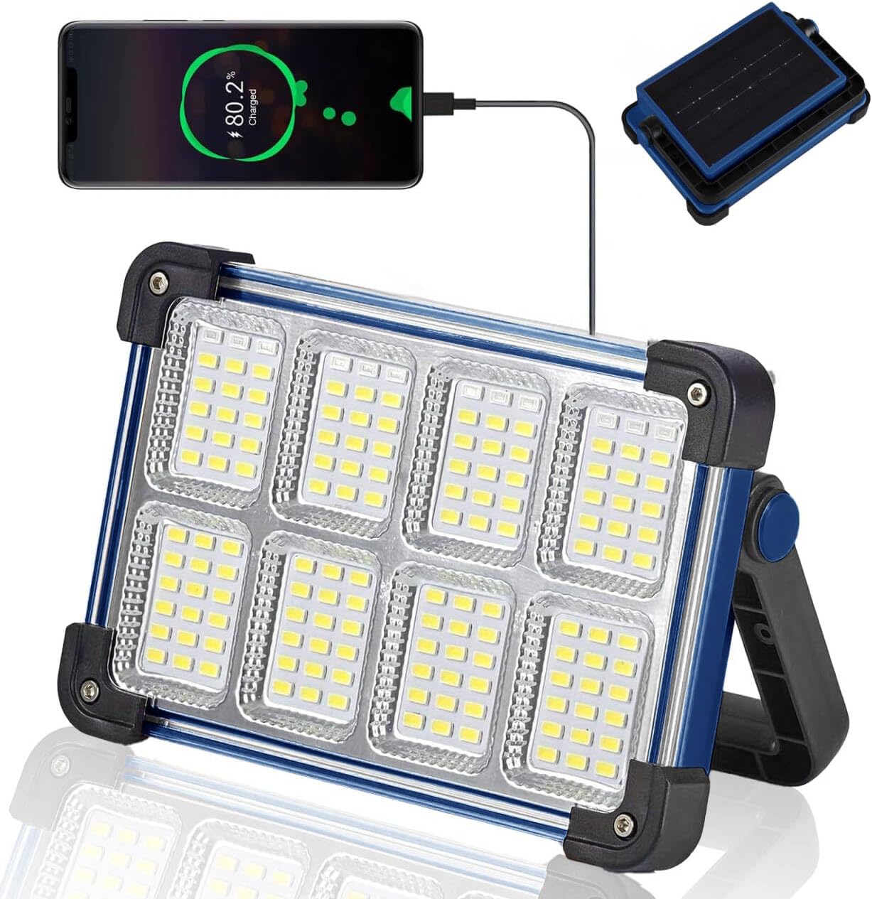 YXQUA 150W Solar Rechargeable Work Light, 180 LED 12000LM Work Light with Stepless dimming, Digital Display Flood Light with Stand,USB Output Outdoor Working Light for Emergency Mechanic
