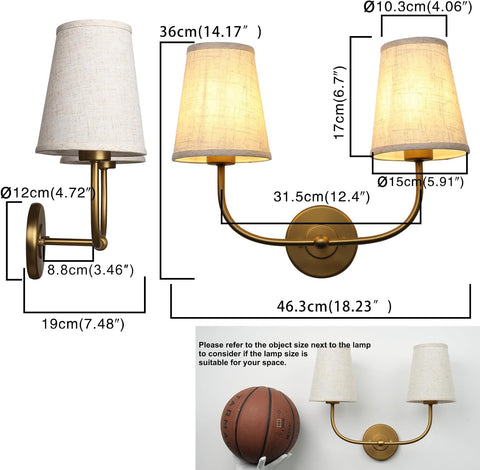 PERMO Vintage Double Sconce Large Antique 2-Lights Sconces with Flared Funnel Linen Beige Fabric Shade Hardwired Double Wall Sconce E26 Base