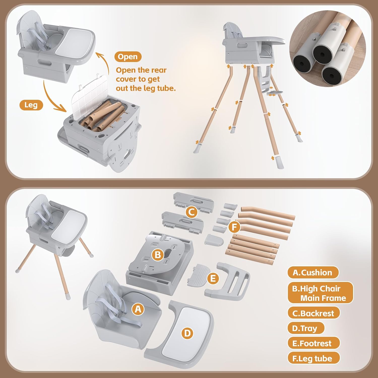 Baby High Chair for 6 Months+, Foldable High Chairs for Babies and Toddlers, Convertible High Chair, Adjustable Tray & Footrest, Portable High Chair & Easy to Clean(Grey with Wood Grain)