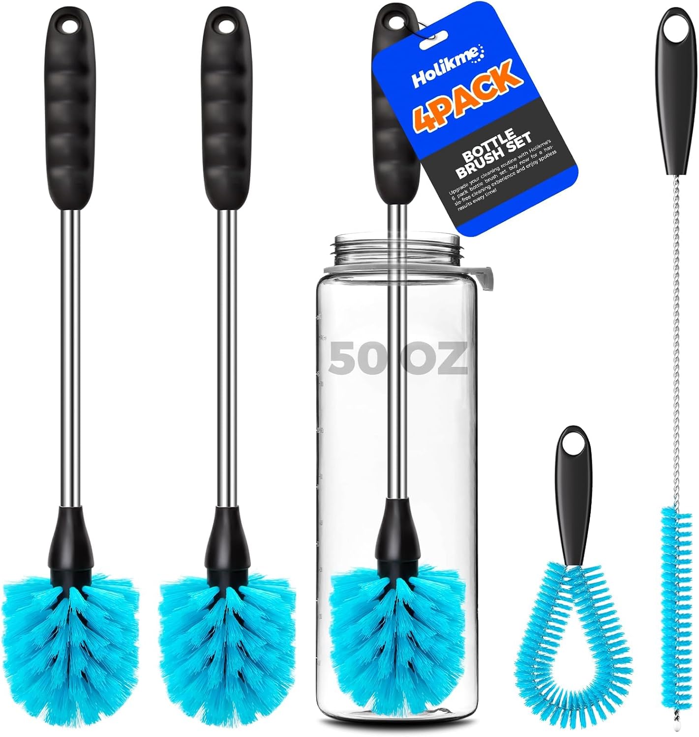 Holikme 4 Pack Bottle Brush 14.5" Long Handle Stainless Steel Brush,Blue