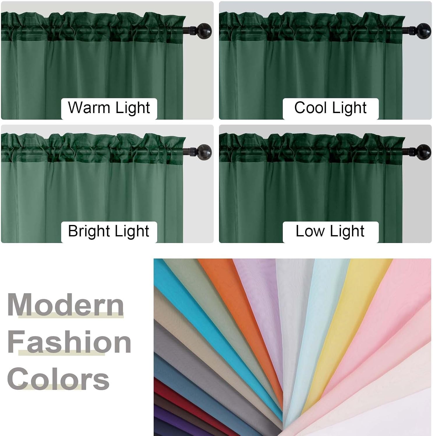 Kitchen Curtains 24 Inch Length Tier 2 Pieces, Hunter Green Sheer Curtain Solid Soft Sheer Short Curtains for Windows, Cafe Bathroom Basement Rod Pocket Drapes, Hunter Green, 42"Wx24"L Inch