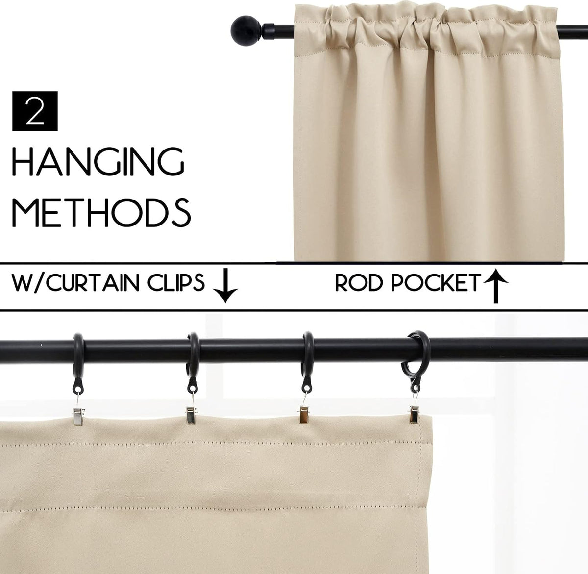 Pickluc Rod Pocket Tier Curtain - Half Blackout Curtain for Kitchen, Bathroom, Cabinet, Basement, 42 Inches Wide and 24 Inches Long, Ivory/Cream, 2 Panels