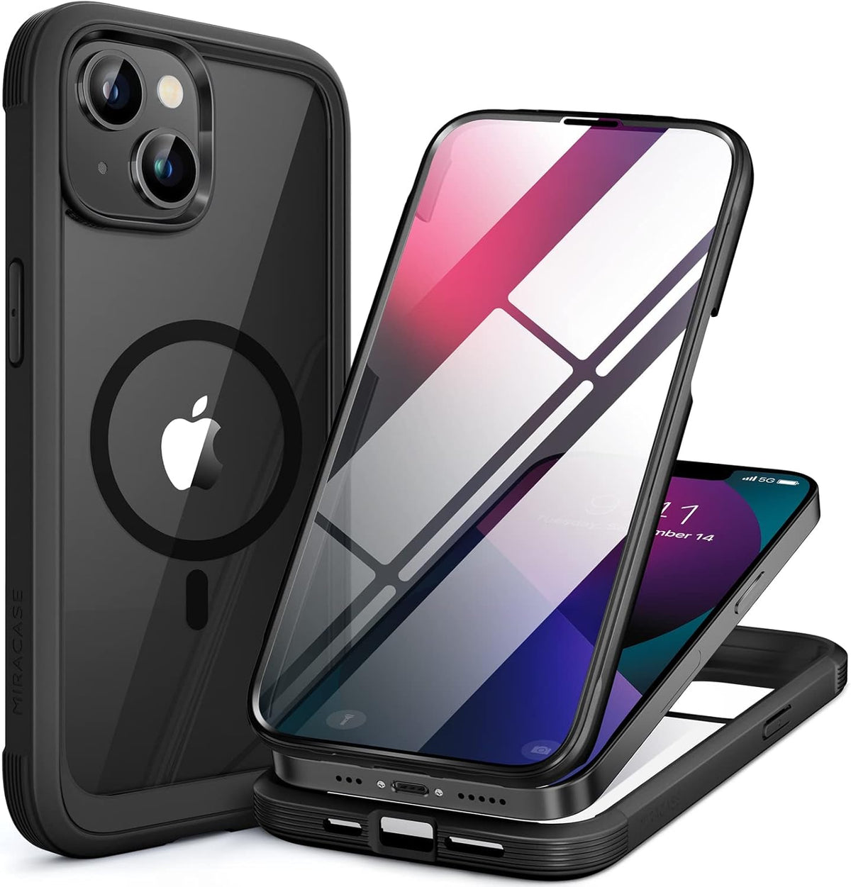 Miracase for iPhone 13 mini Case 5.4",Built-in Glass Screen Protector,Black