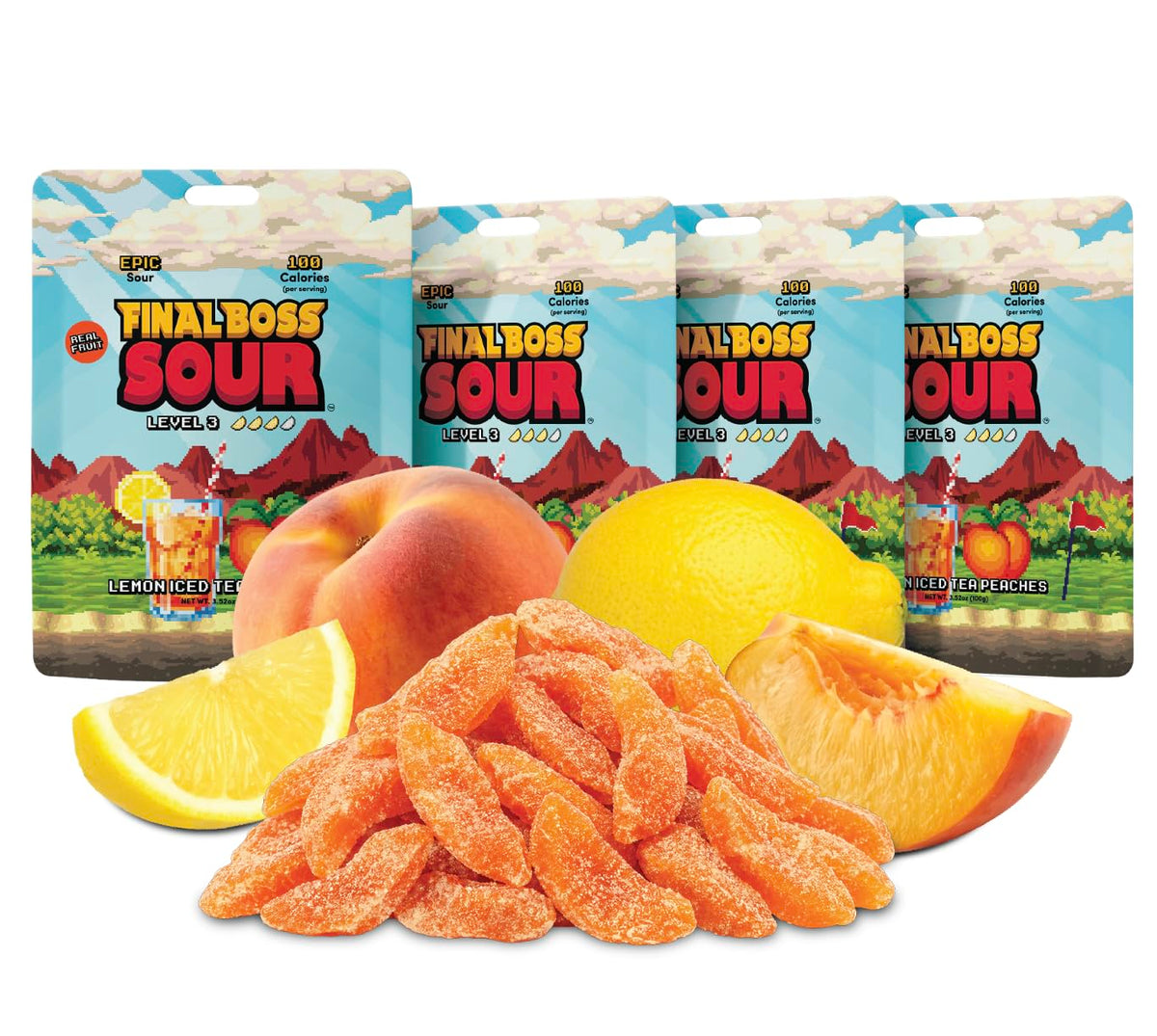 Final Boss Sour Fruit Candy, Lemon Iced Tea Peaches, Level 3 (4 Pack)