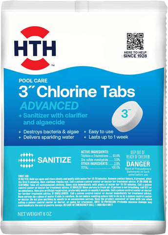 HTH 42051, Swimming Pool Care 3"" Chlorine Tabs Advanced, 8oz
