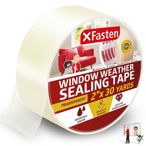 XFasten Transparent Window Weather Sealing Tape, 2-Inch x 30 Yards (50.8mm x 27.43m), Clear Window Draft Isolation Sealing Film Tape, No Residue