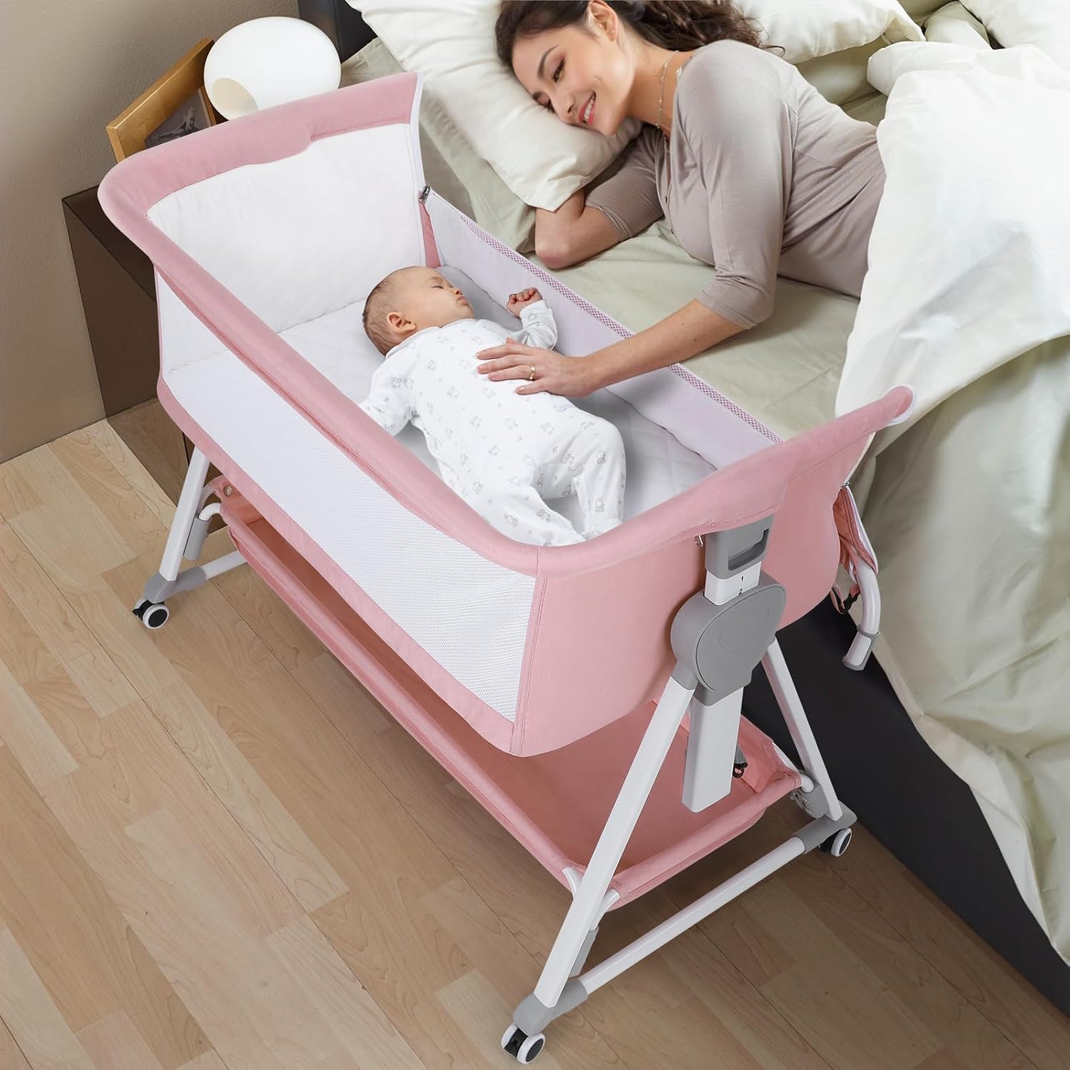 Cowiewie Bassinet Bedside Sleeper, Pink and White