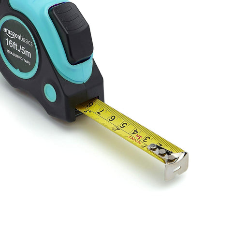 Amazon Basics Retractable Tape Measure with Metric and SAE Measurements, 16 ft / 192 in, Turquoise